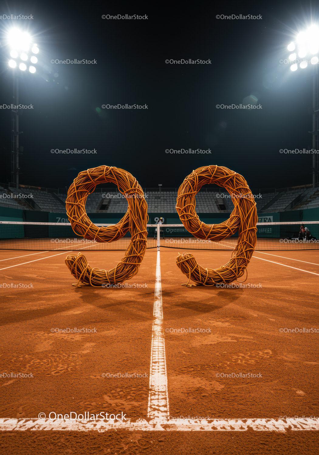 Number 99 made of tennis cords on clay court