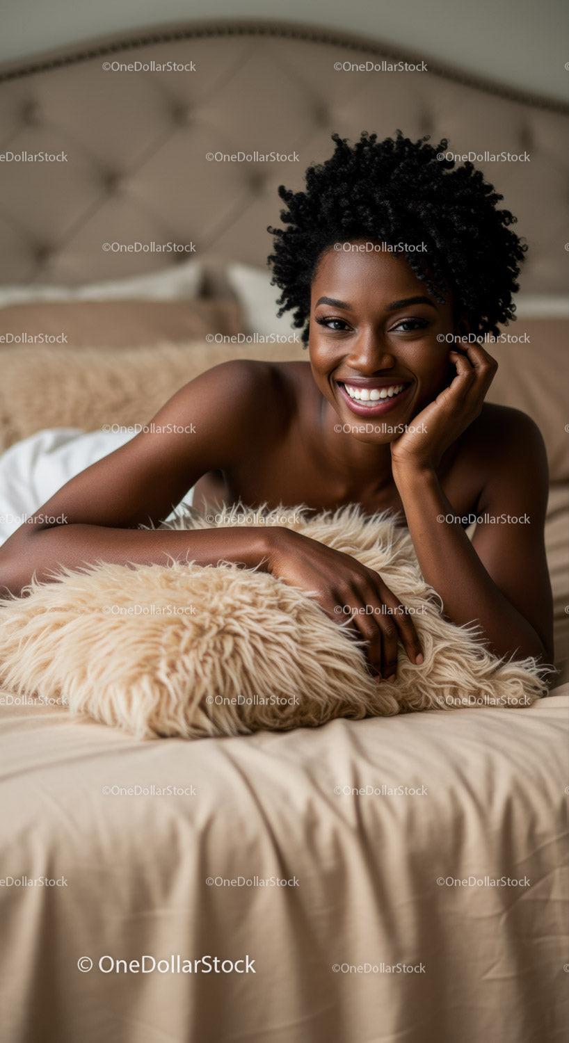 Smiling woman relaxing on bed with cozy fur pillow