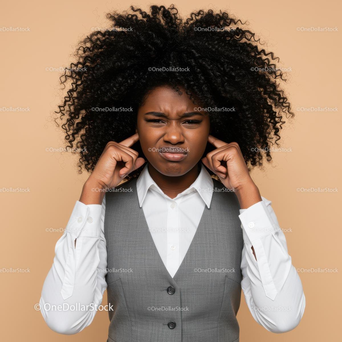 Frustrated Woman Covers Ears Against Noise in Business Attire Stock Photo Bundle preview 58