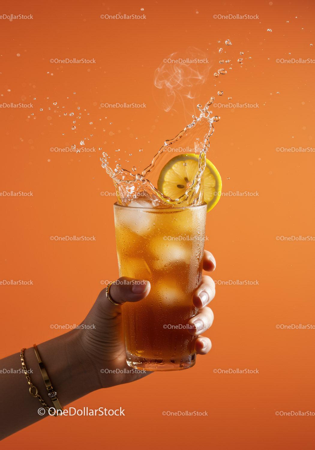 Refreshing iced tea with lemon splash on orange background