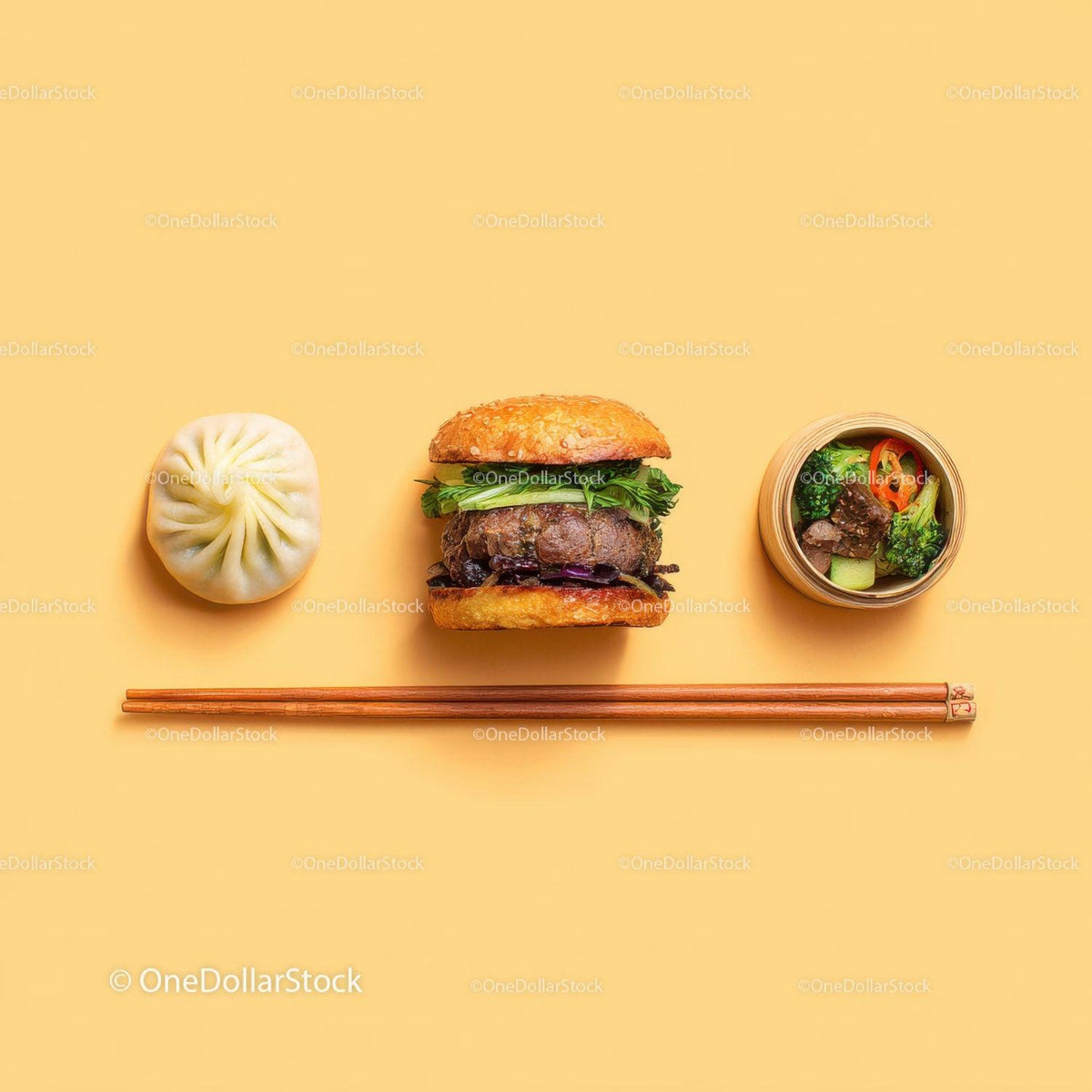 Gourmet Burger with Lettuce and Tomato Next to Grilled Steak and Dumpling Stock Photo Bundle preview 11