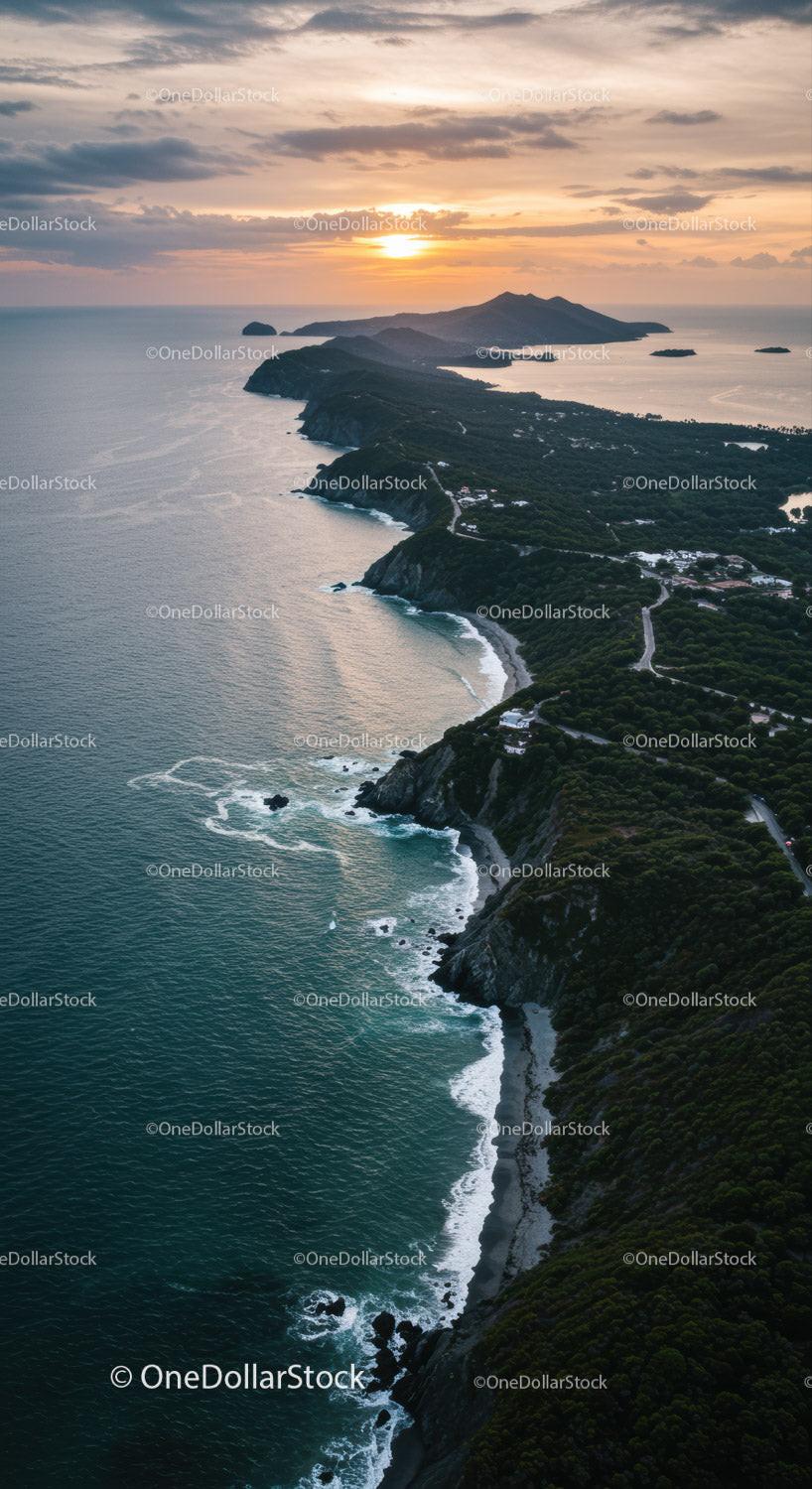 Scenic Coastal Cliffs at Sunset with Ocean and Island Views