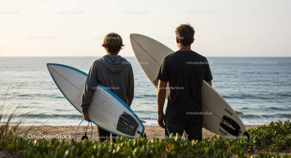 Two Surfers with Surfboards at Beach Ready for Waves Stock Photo Bundle preview