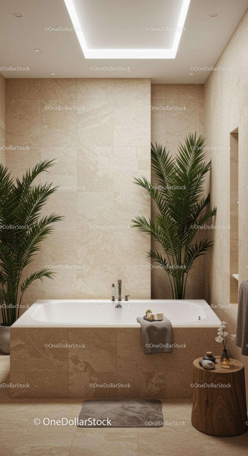 Elegant Modern Bathroom with Beige Marble Tiles and Green Palm Plants
