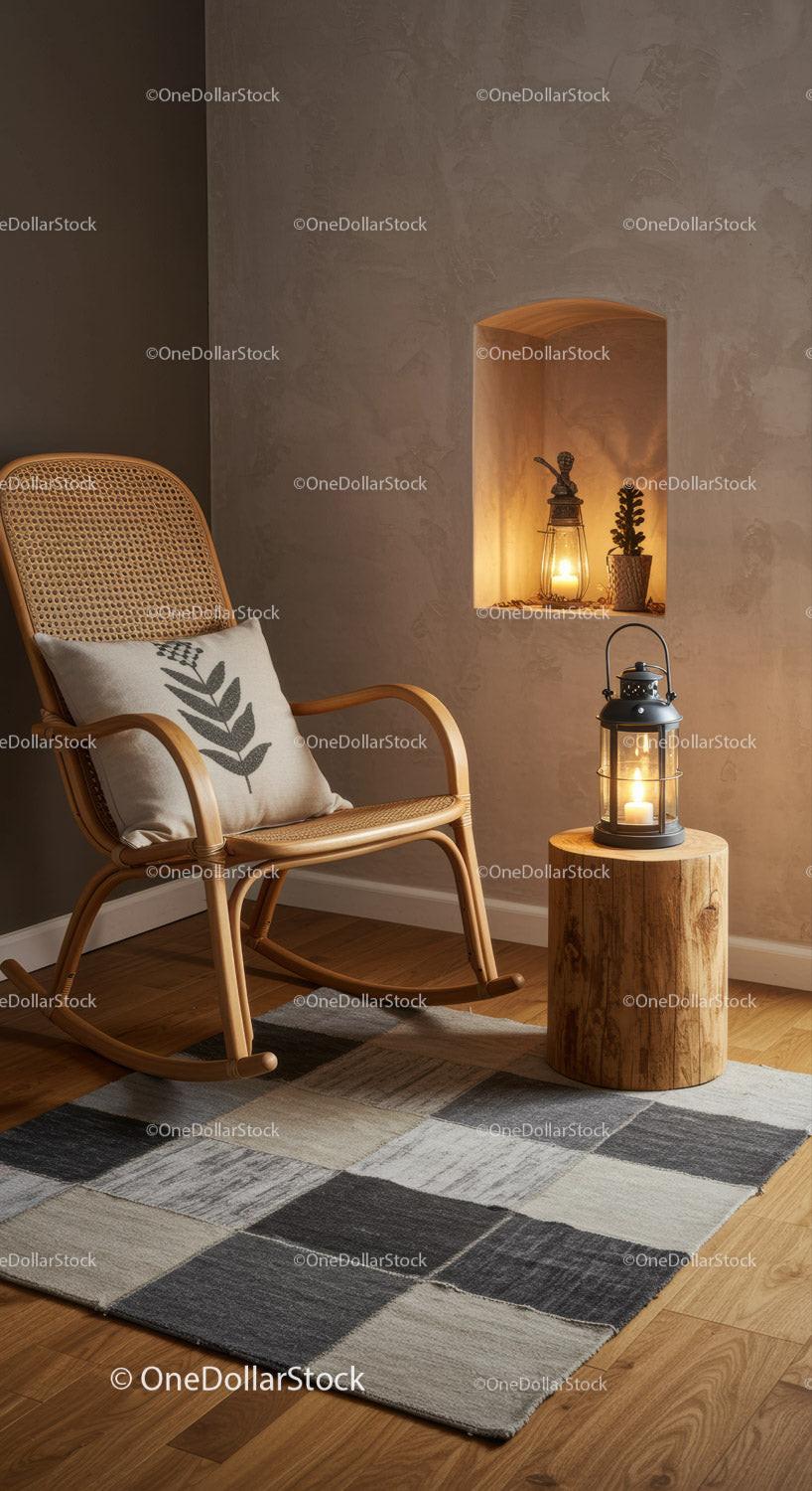 Cozy corner with rocking chair and glowing lanterns