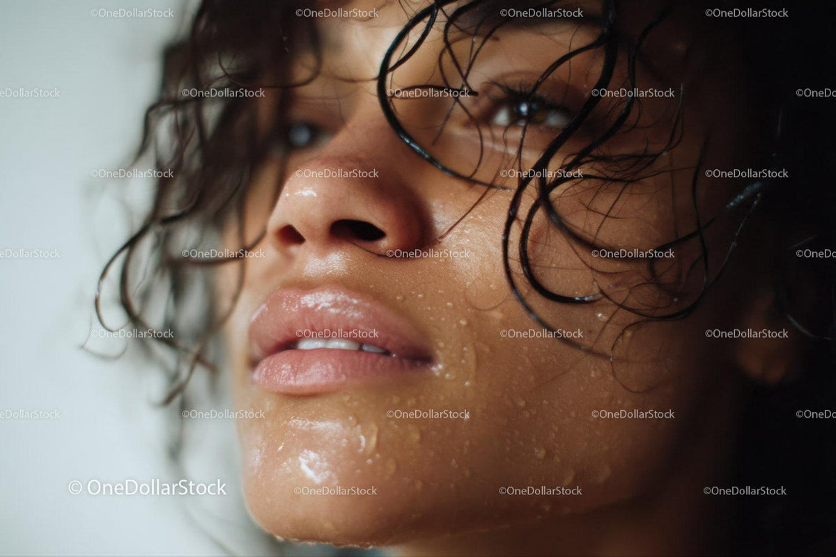 Close-up of a Young Woman with Wet Curly Hair and Moist Skin
