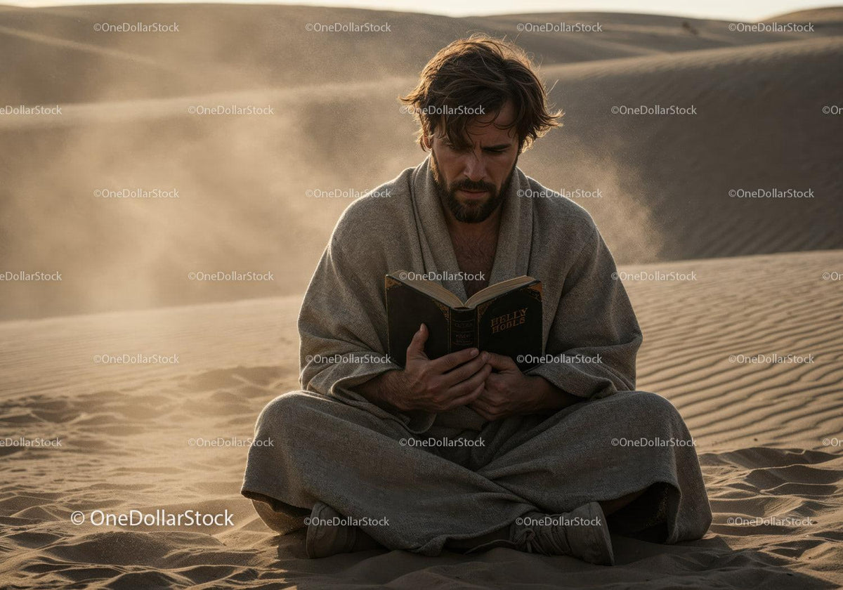 Man in Casual Clothing Reading Book in Desert During Dust Storm Stock Photo Bundle preview 26