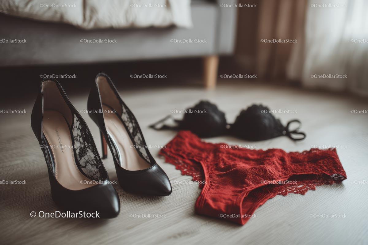 Chic Black Heels and a Red Lace Dress in a Cozy Bedroom Setting Stock Photo Bundle preview 5
