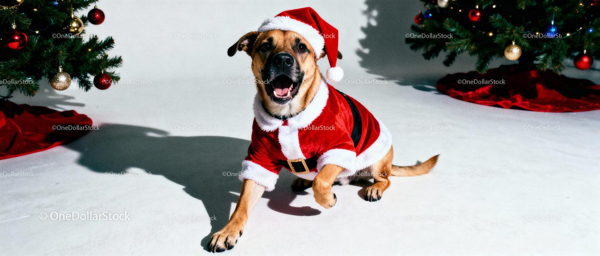 Happy Dog Wearing Santa Costume Near Christmas Trees