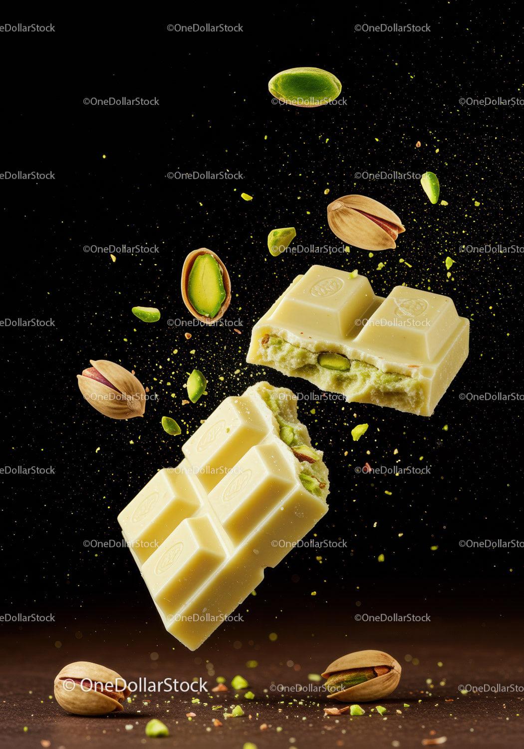Broken white chocolate with crunchy pistachio nuts