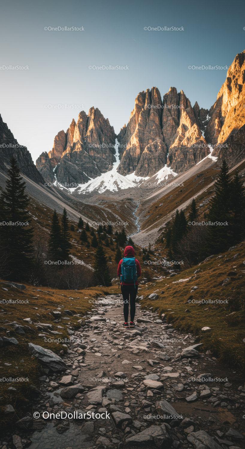 Majestic Mountain Range with Hiker on Rugged Trail at Sunset