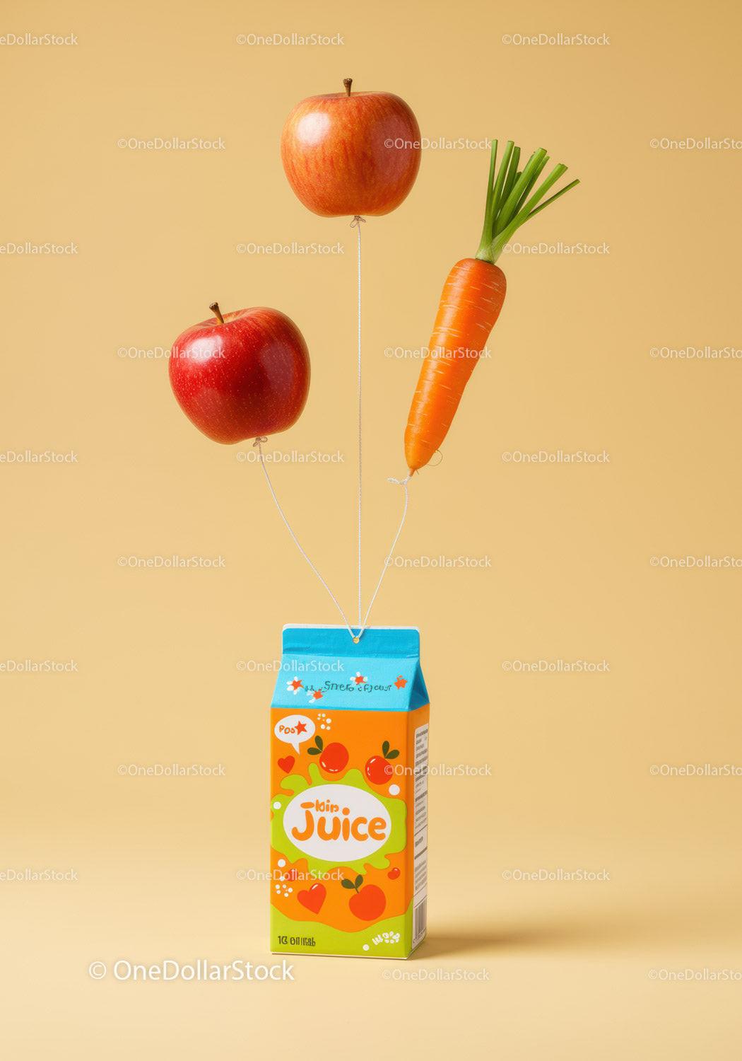 Fruit and vegetable balloons tied to juice carton