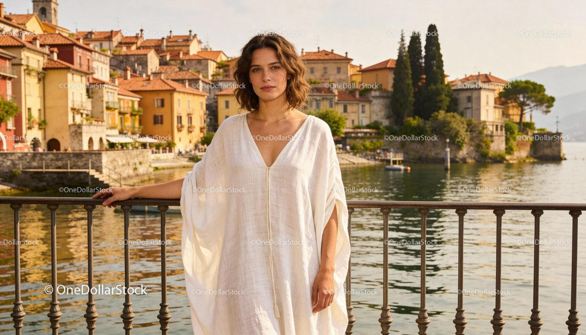 Woman in White Dress by Lakeside Town in Warm Light