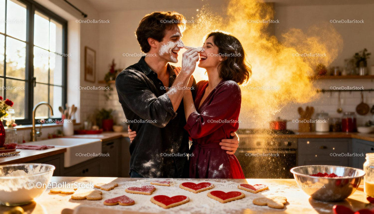 Couple Playfully Baking Heart Cookies Together at Home