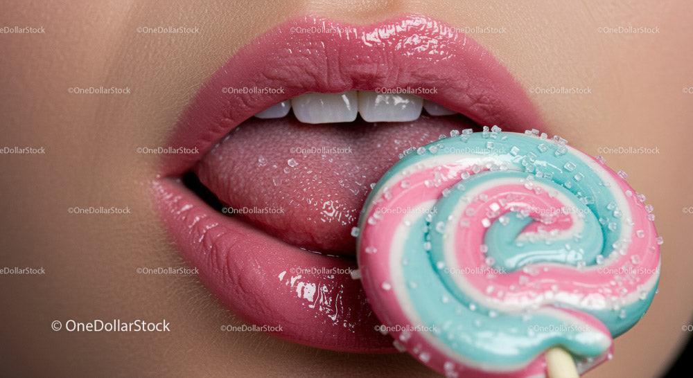 stock photo bundle made with Close-Up of Glossy Lips Enjoying a Colorful Lollipop Stock Photo Bundle