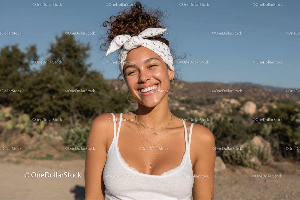 Joyful Young Woman Outdoor Portrait with Bright Smile and Sunny Landscape