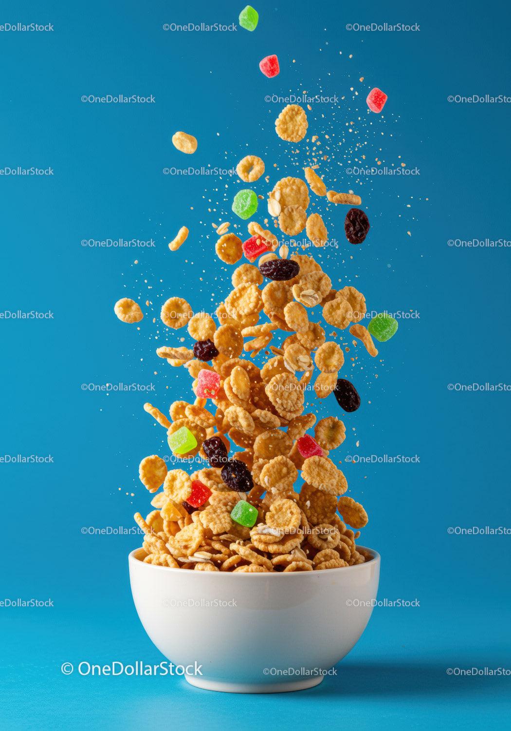 Colorful breakfast cereal flying out of white bowl