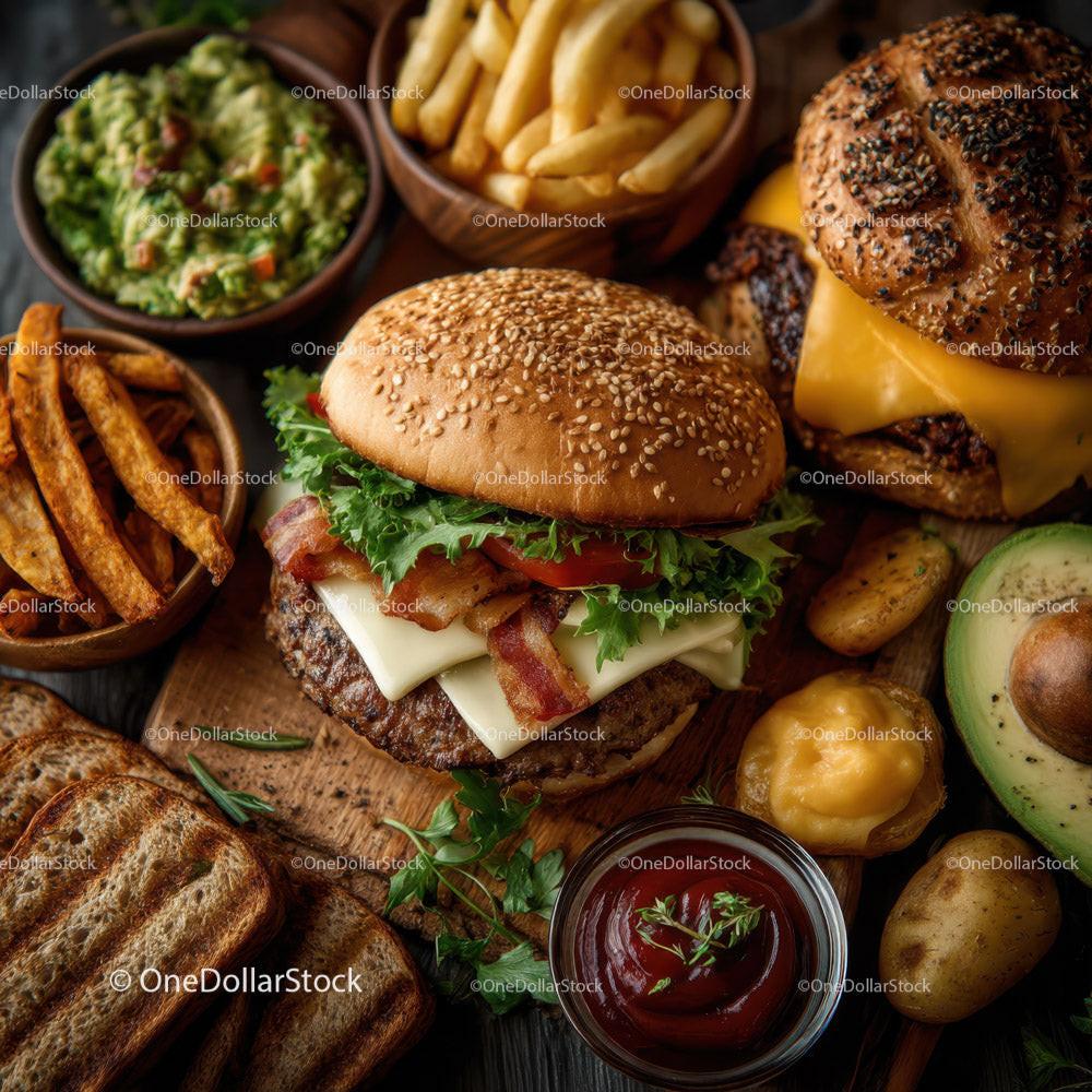 Gourmet Burger with Crispy Fries and Homemade Guacamole
