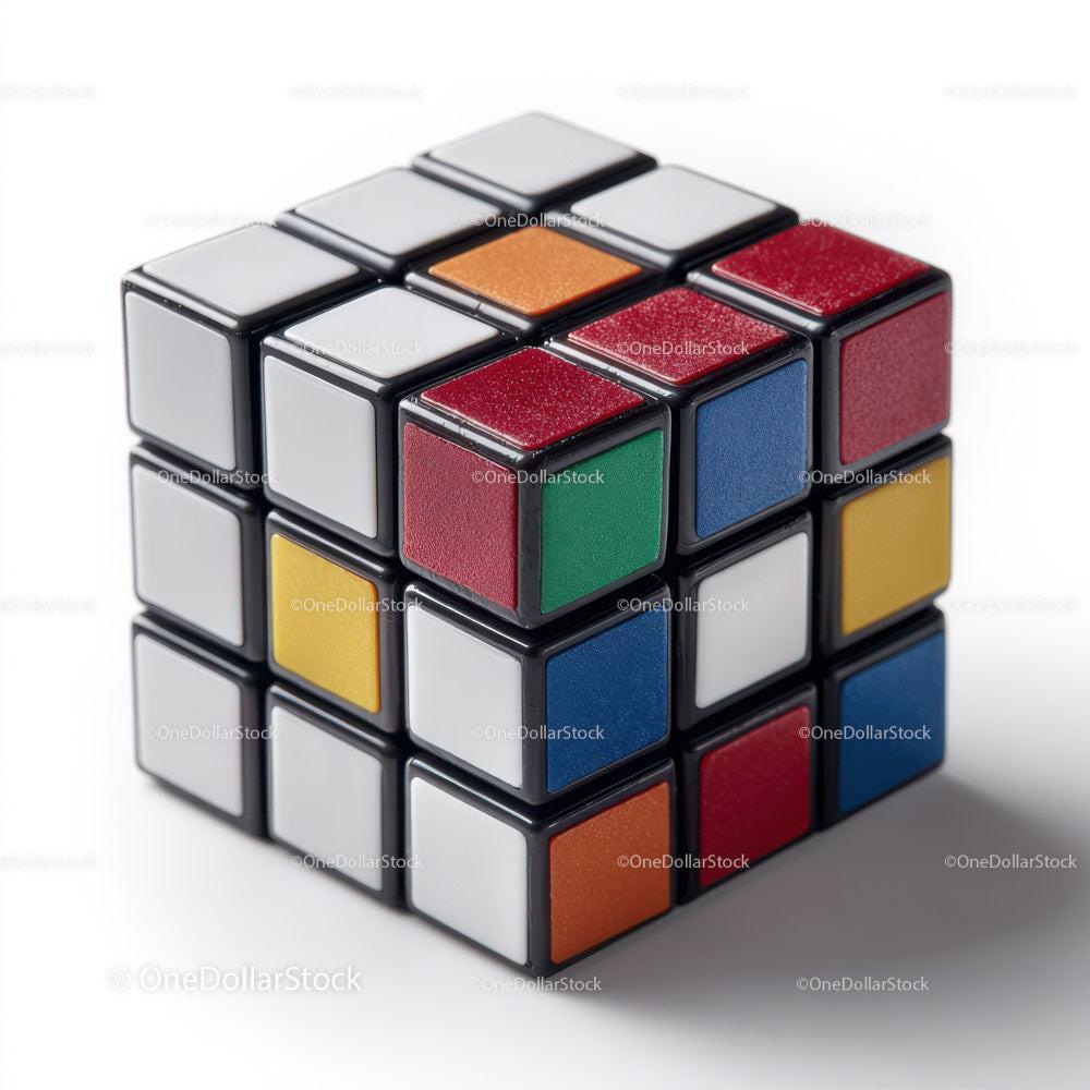 Partially solved classic puzzle cube with colorful square stickers on white background
