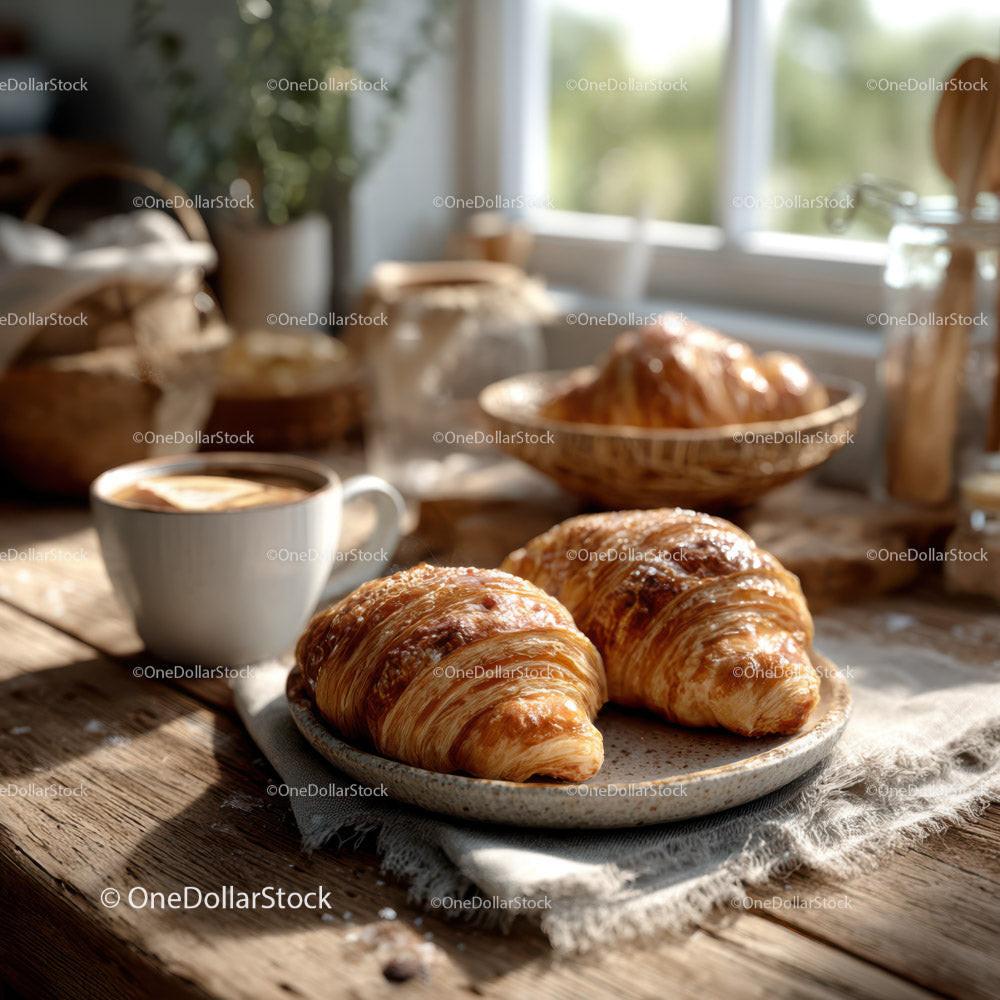 Fresh Croissants with Coffee on Rustic Wooden Table Sunlit Morning Scene