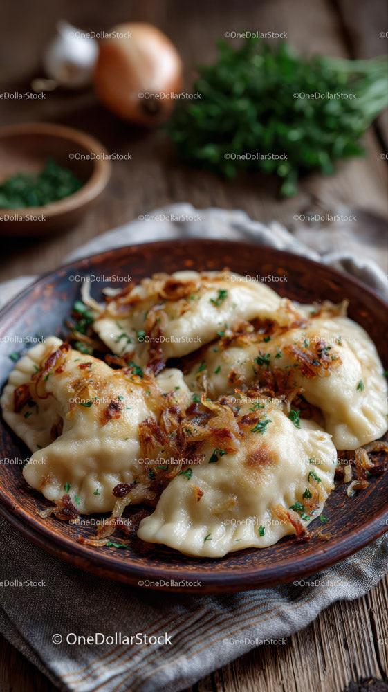 Delicious Fried Potstickers with Soy-Glazed Onion Garnish in a Rustic Bowl Stock Photo Bundle preview 16