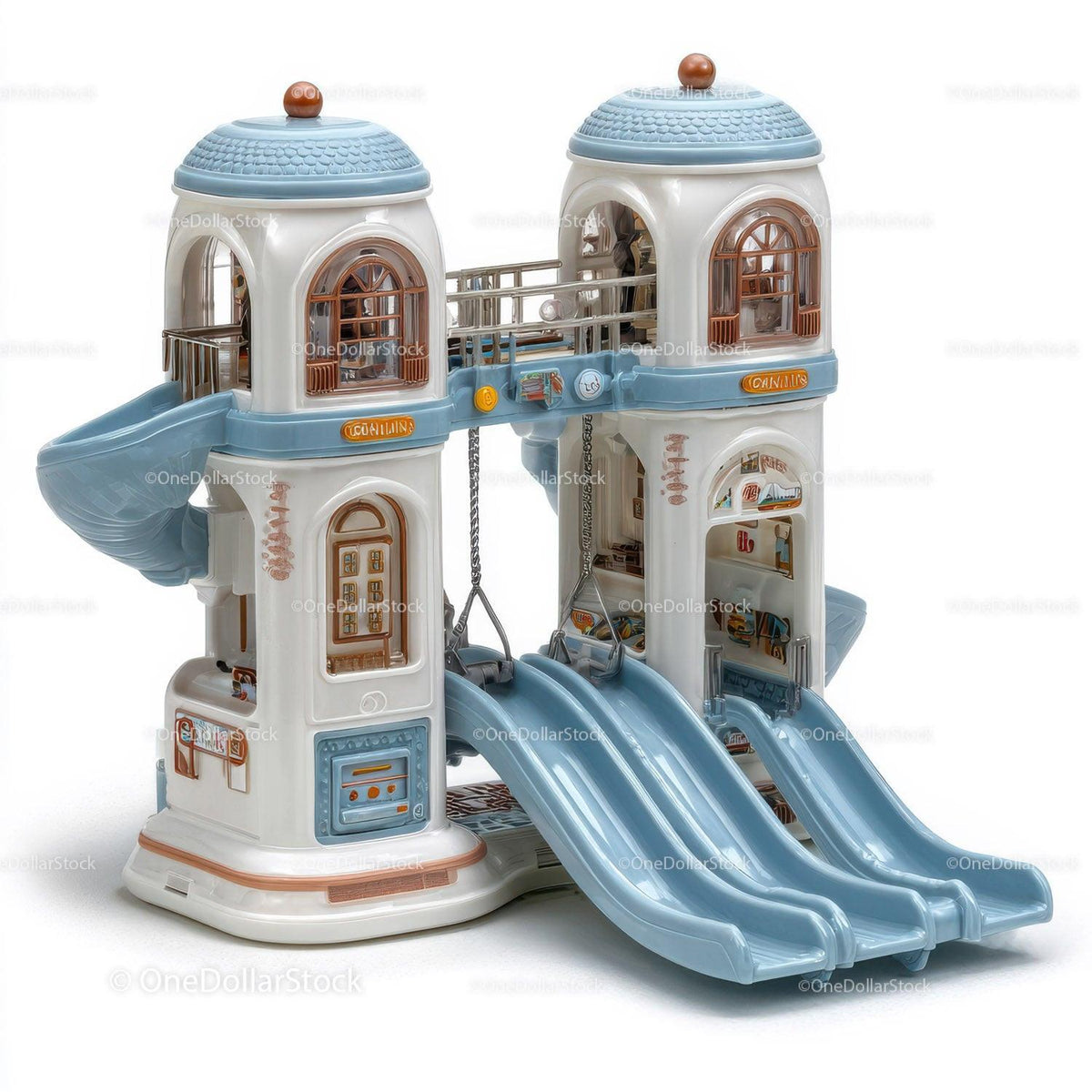 Ceramic dual-tower playground figurine with three blue slides and swings