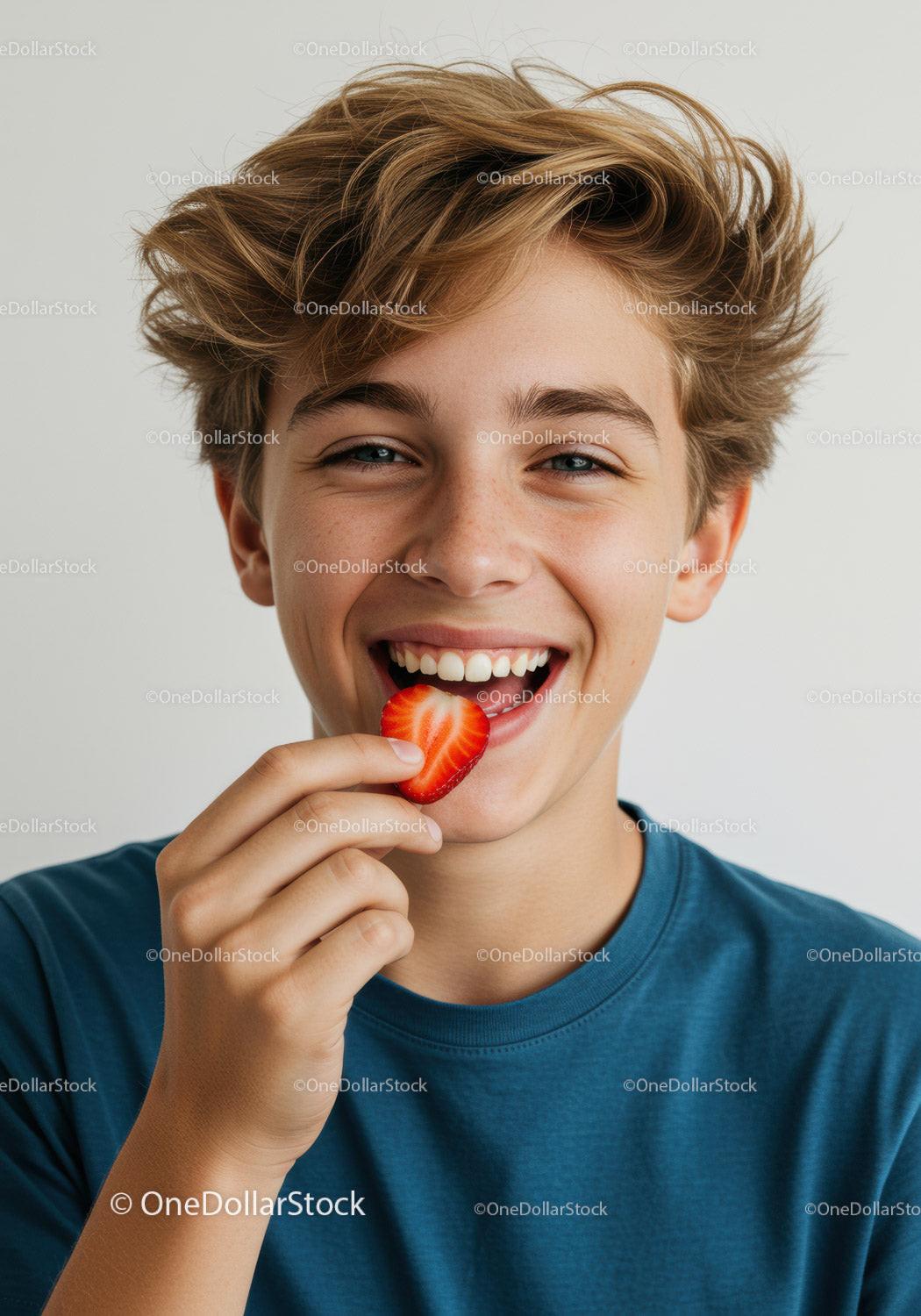 Smiling Teen Eating a Strawberry in Bright Casual Lifestyle Shot