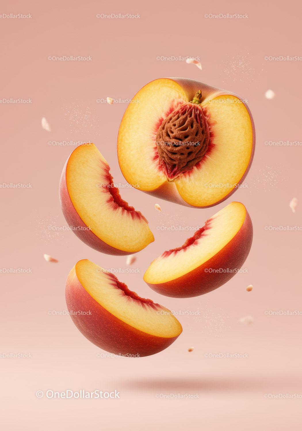 Fresh ripened peach with floating sliced segments