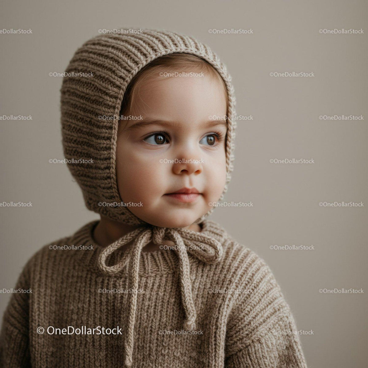 Toddler Wearing Cozy Knitted Hooded Sweater Looking Away