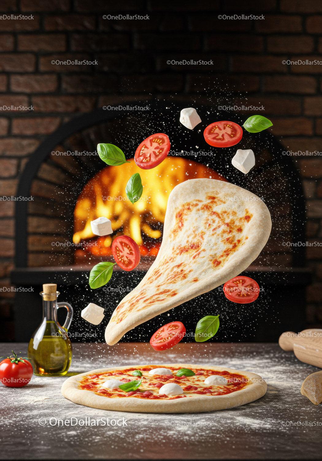 Fresh ingredients floating over pizza dough in kitchen