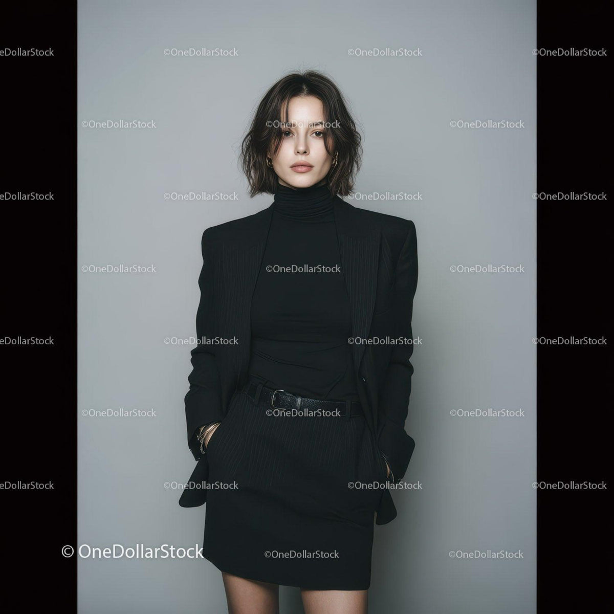Stylish Woman in Black Blazer and Skirt in a Minimalist Photo Setup