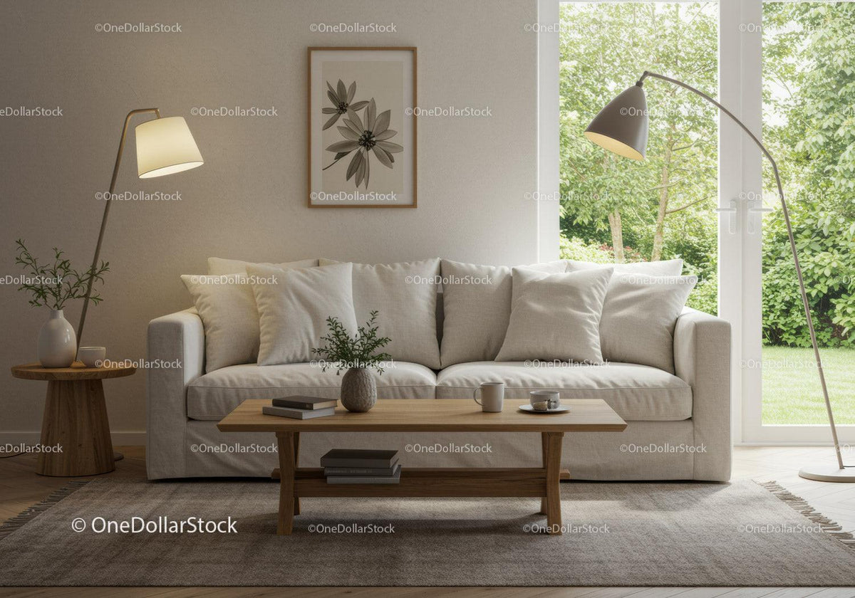 Cozy living room with neutral sofa and natural light