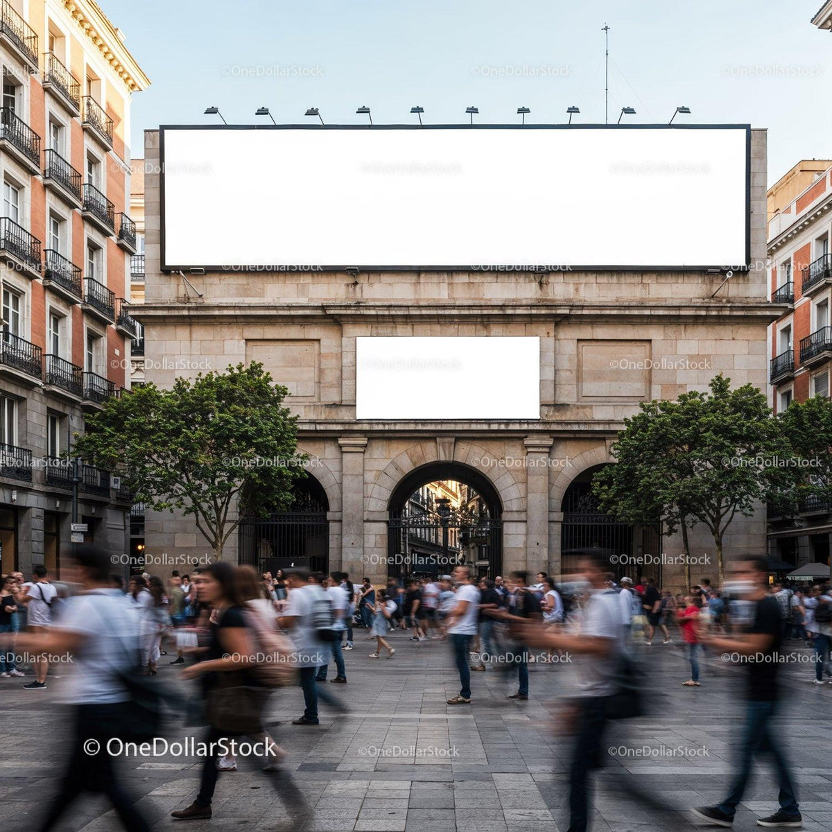 Busy urban square with blurred pedestrians near archway JPG Mockup Image preview