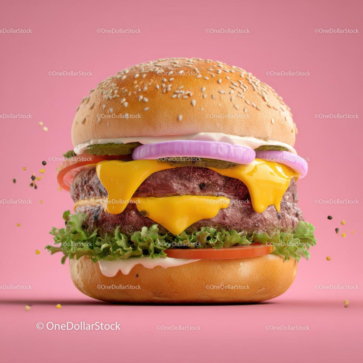Juicy Cheeseburger with Melty Cheese and Fresh Vegetables on Pink Background Stock Photo Bundle preview 20