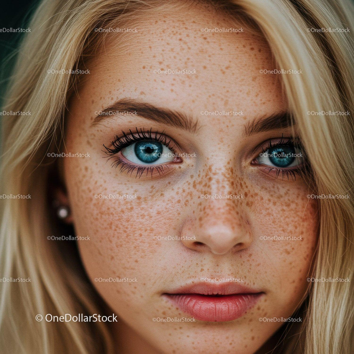 Close-up portrait of young woman with freckles and blue eyes