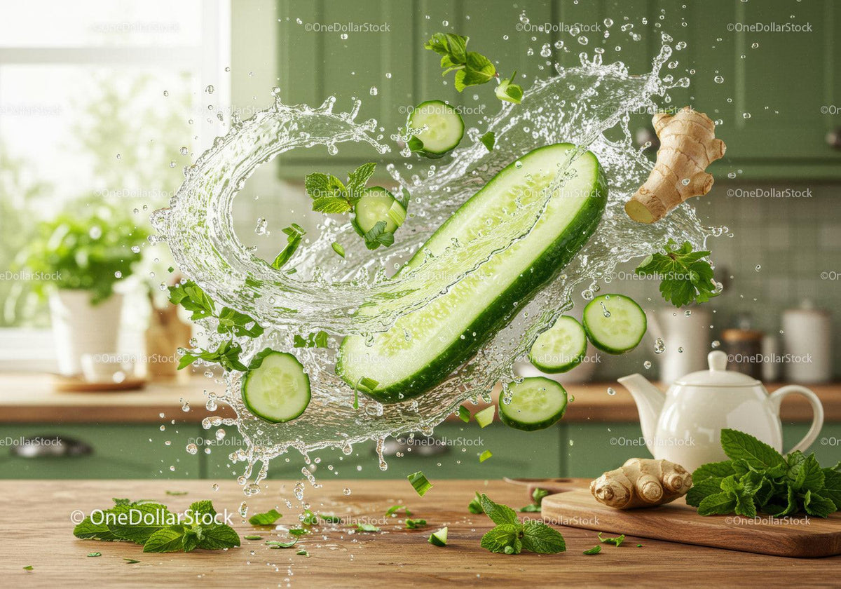 Fresh cucumber and ginger splash with mint leaves