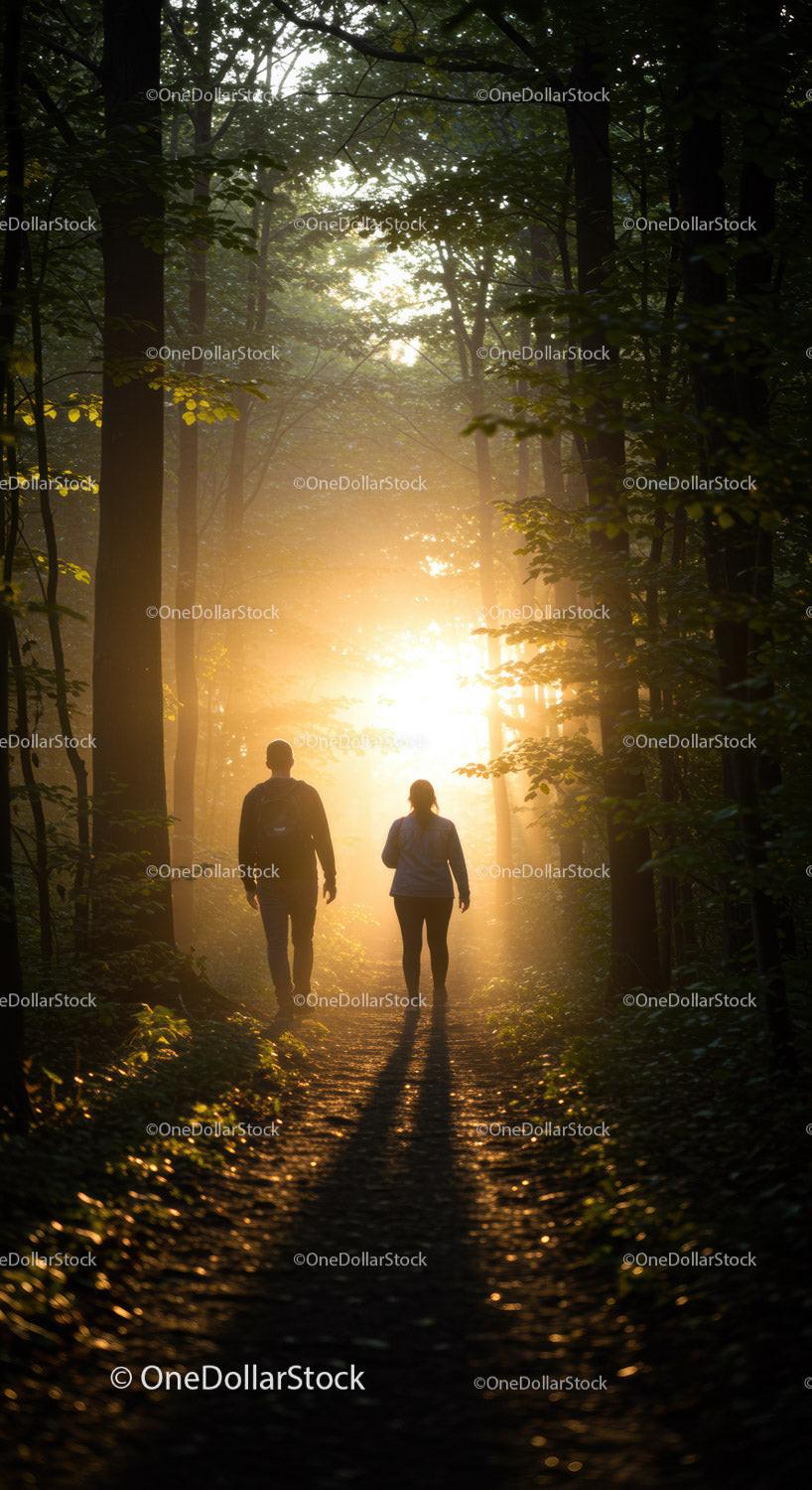 Couple Walking Into Sunlit Forest Path at Dawn