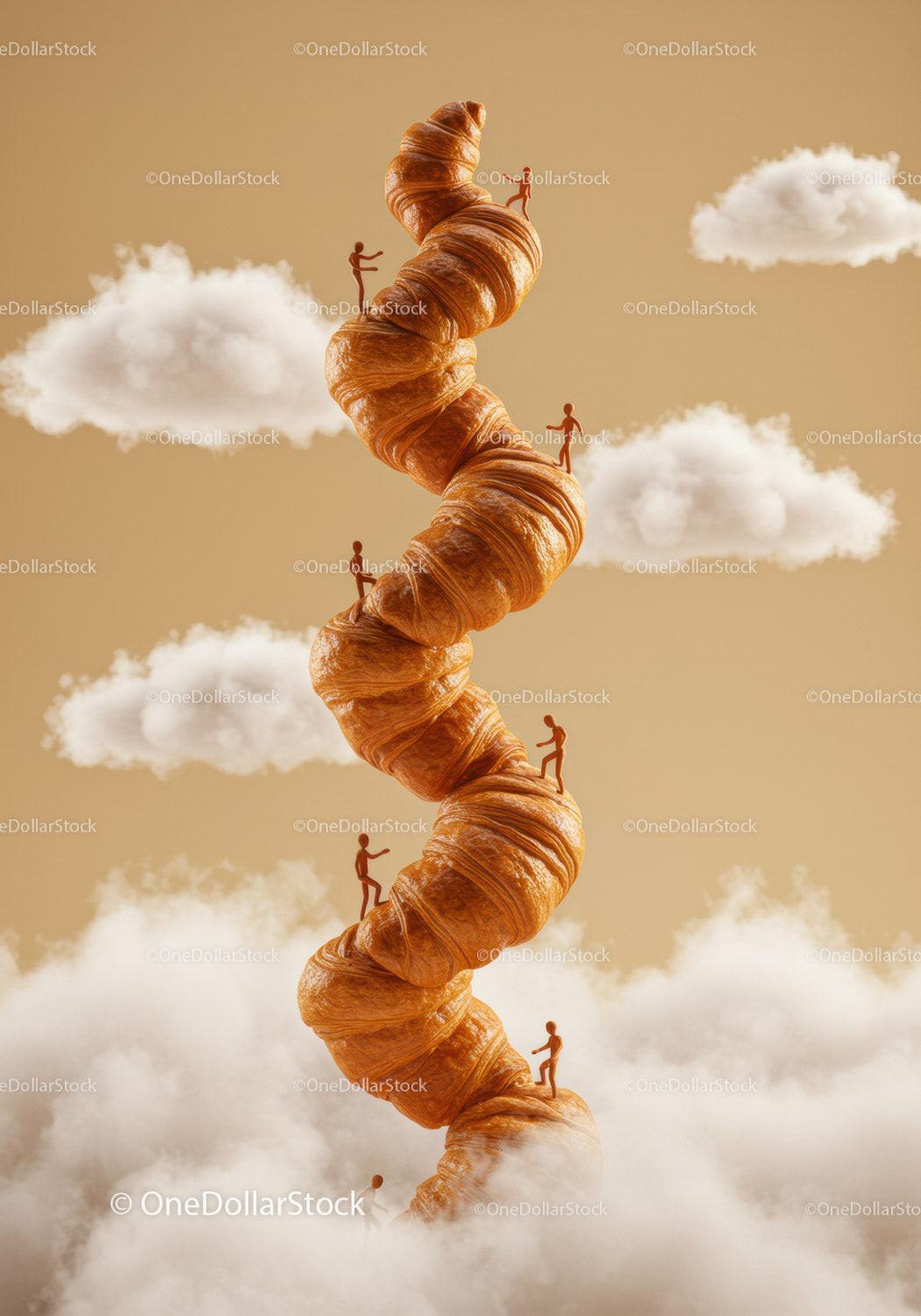 Tiny figures climbing spiral croissant tower in clouds