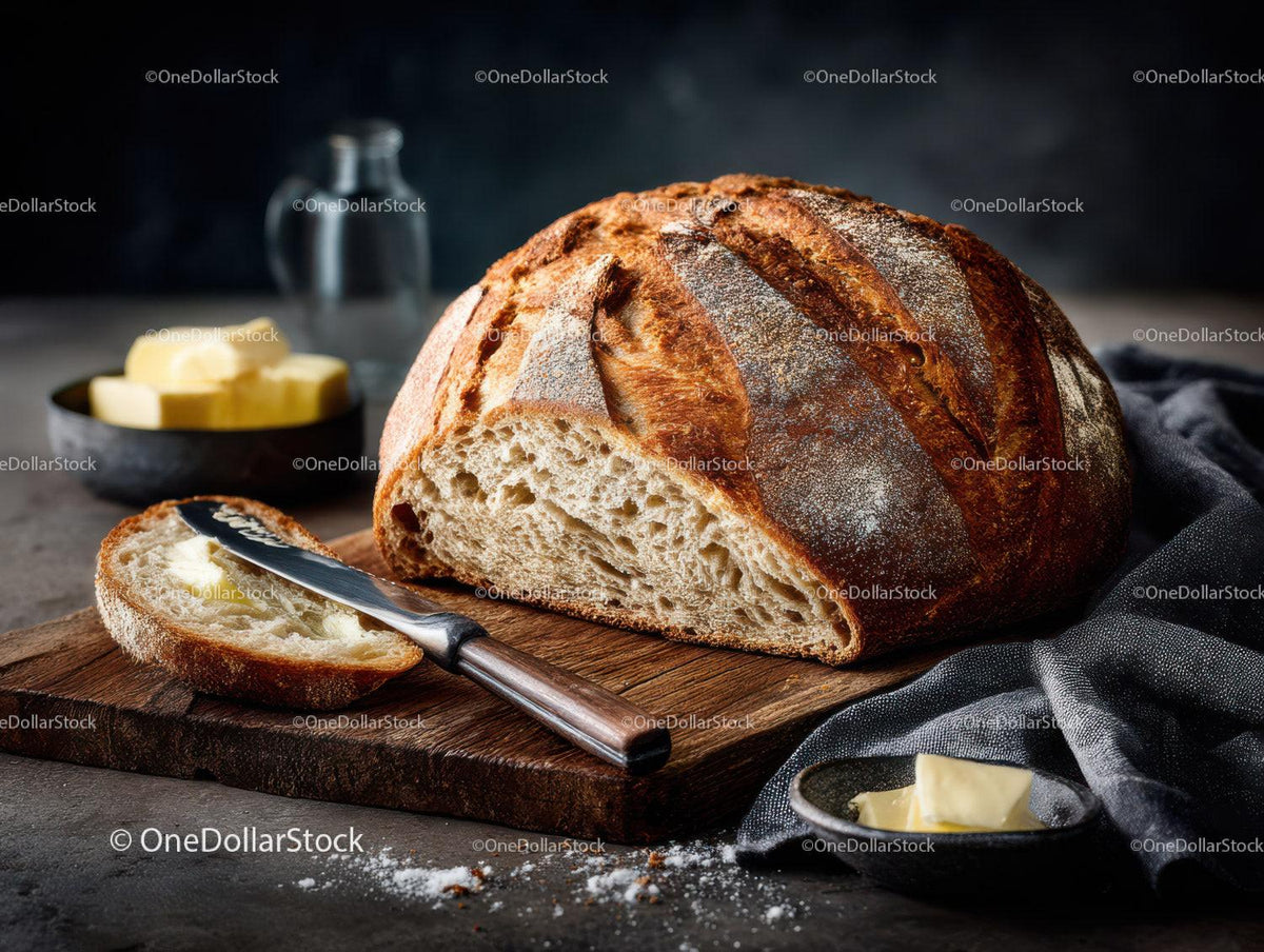 Crusty Artisan Bread Loaf on Wooden Cutting Board with Butter