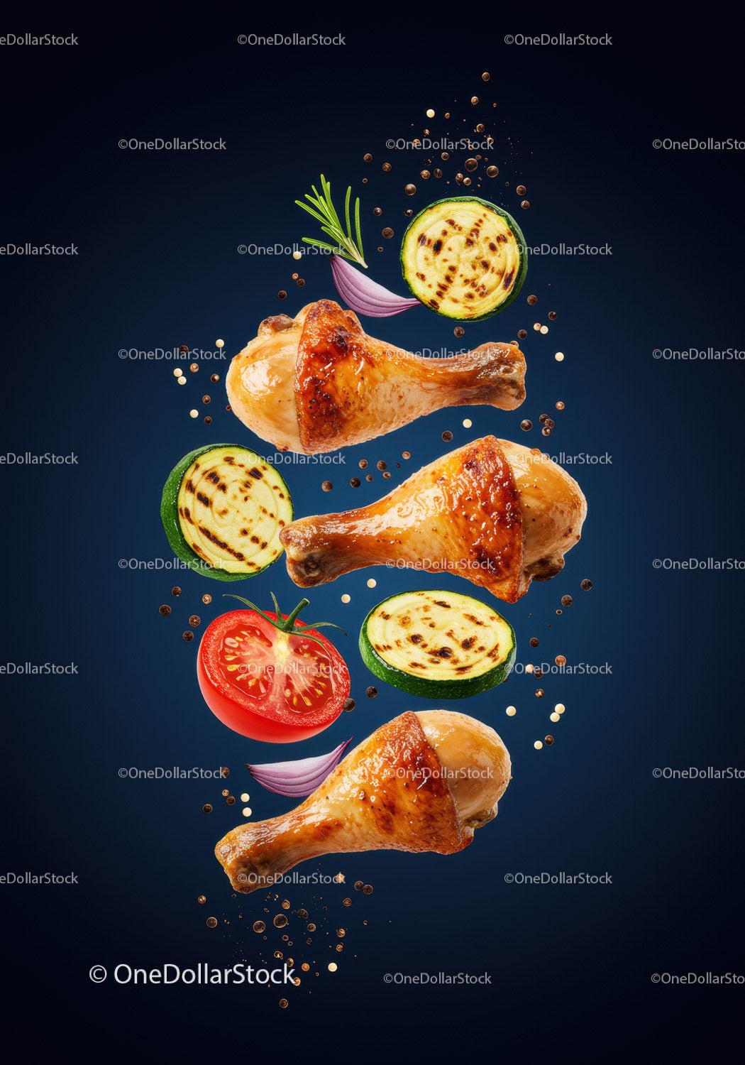 Grilled chicken drumsticks with fresh vegetables and spices