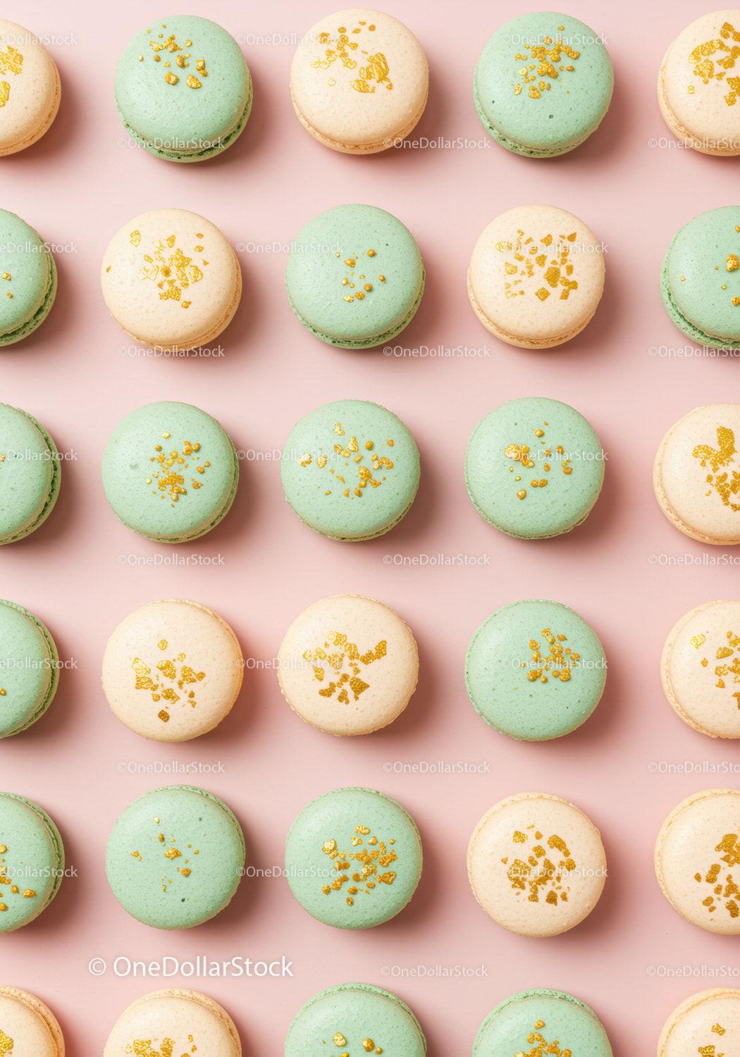 Pastel Macarons with Gold Sprinkles on Pink Background