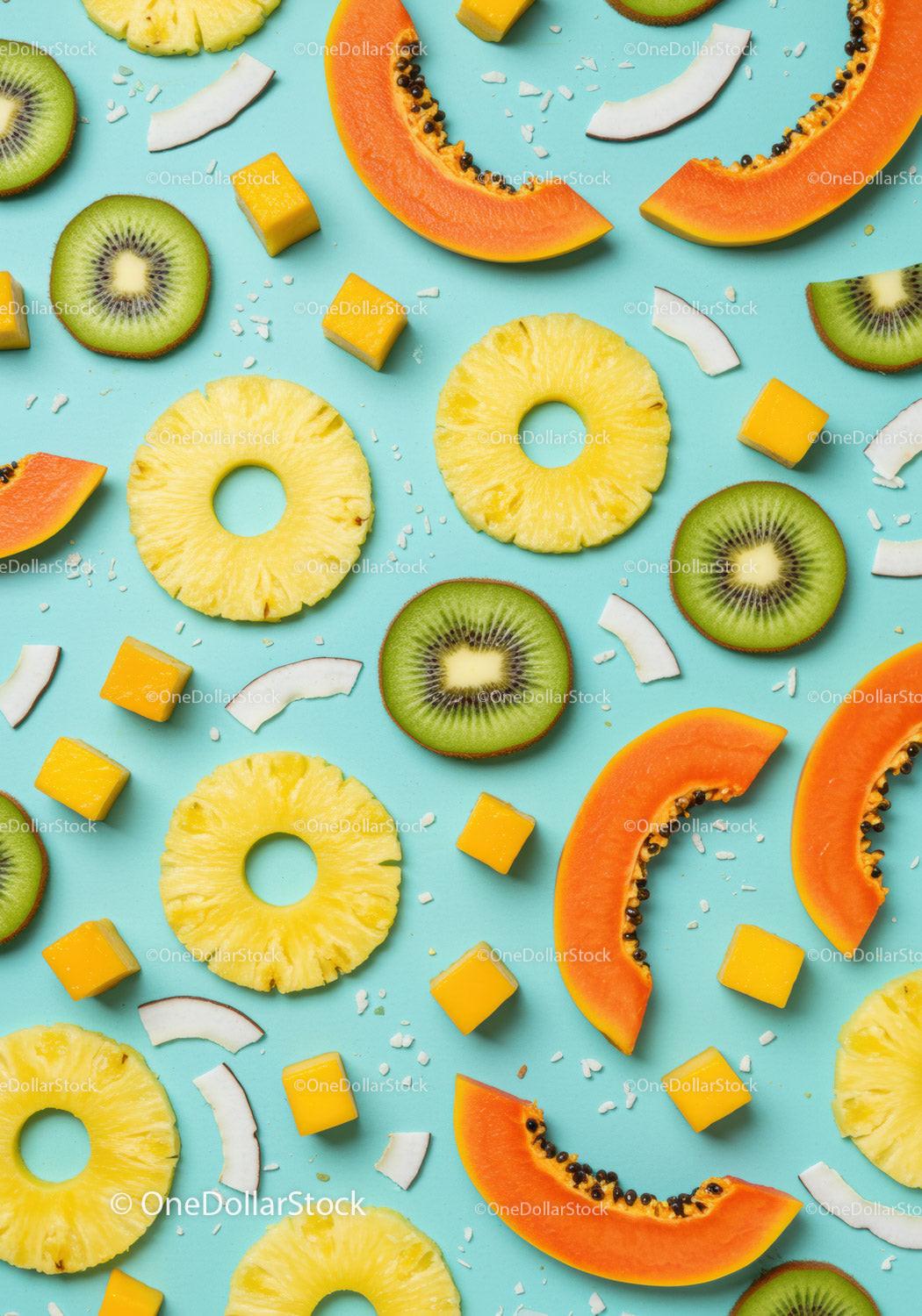 Fresh tropical fruit slices on pastel blue background