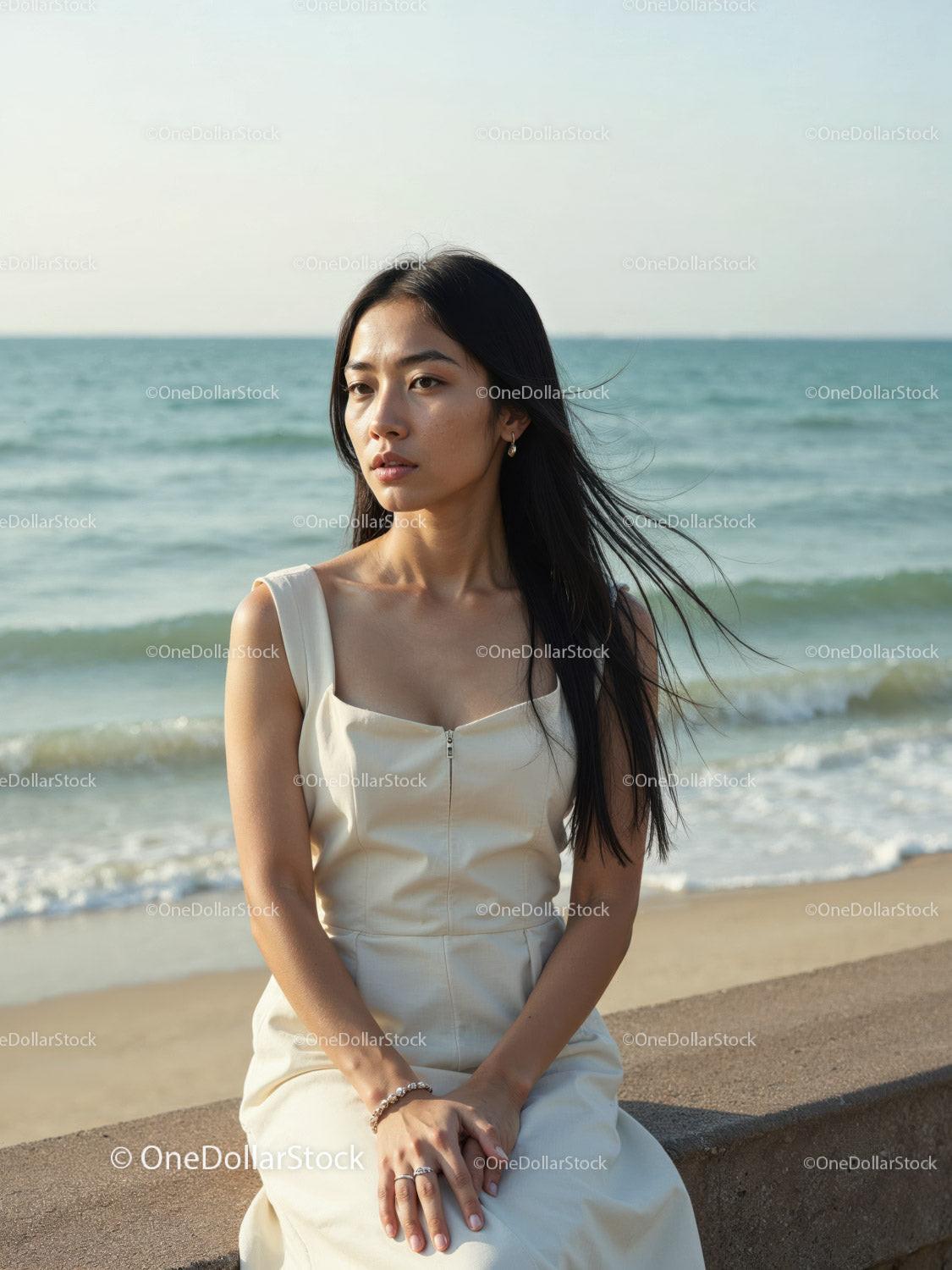 Elegant Woman in White Dress Sitting by Relaxing Seaside Landscape Stock Photo Bundle preview