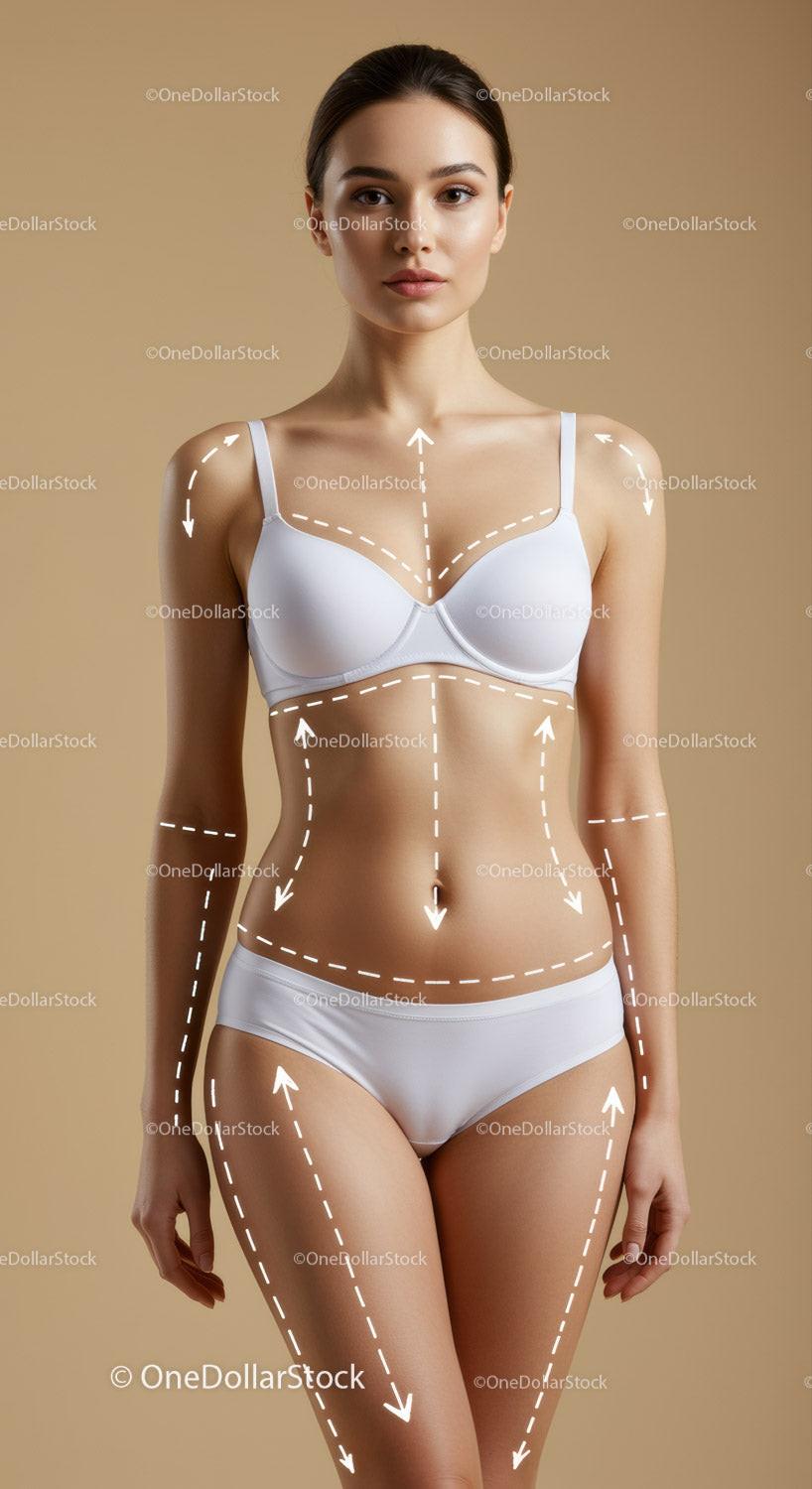 Elegant Woman in White Lingerie with Body Measurement Markings
