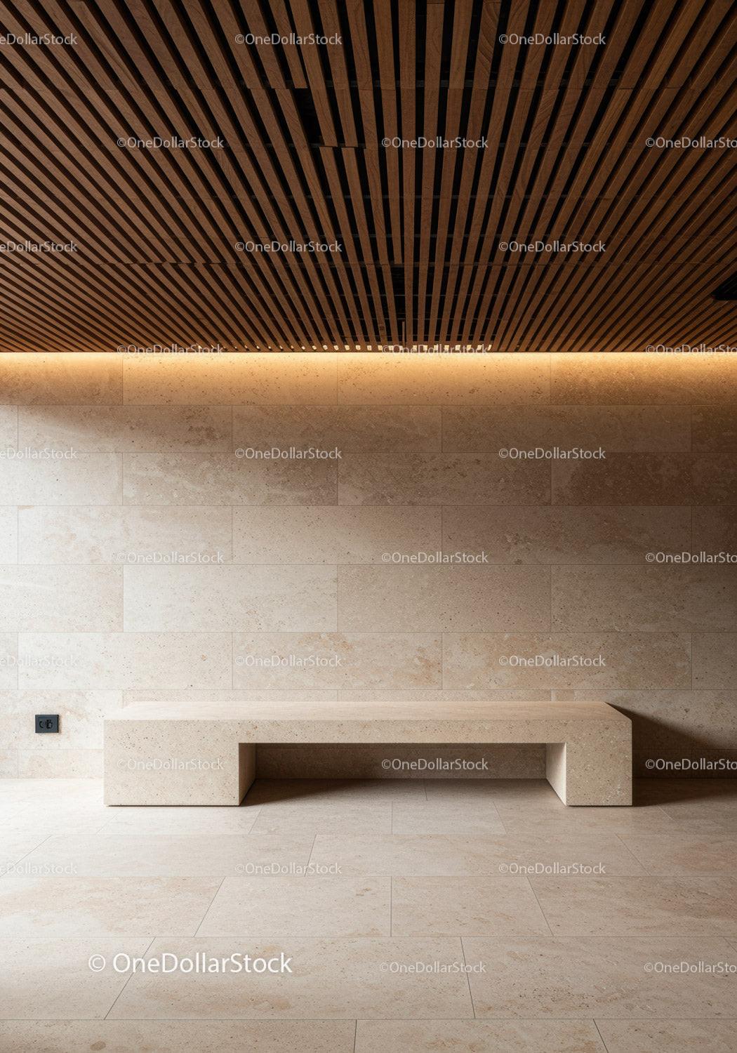 Modern Minimalist Interior with Beige Stone Bench and Wooden Ceiling