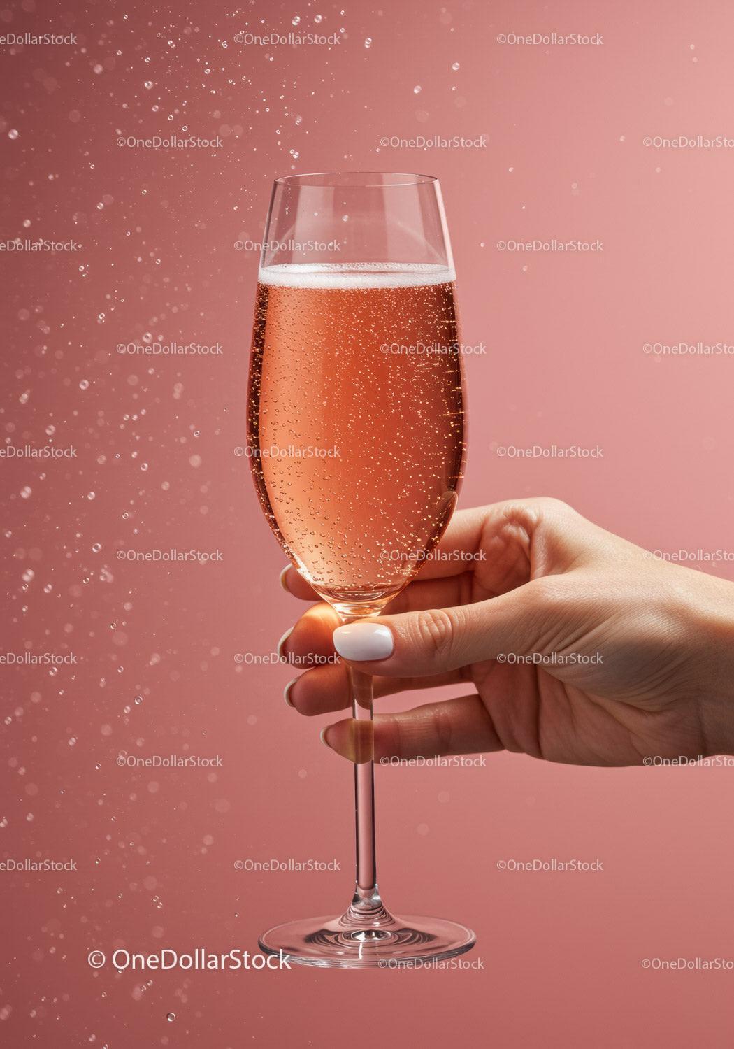 Hand Holding Sparkling Rosé Wine Glass Against Pink Background