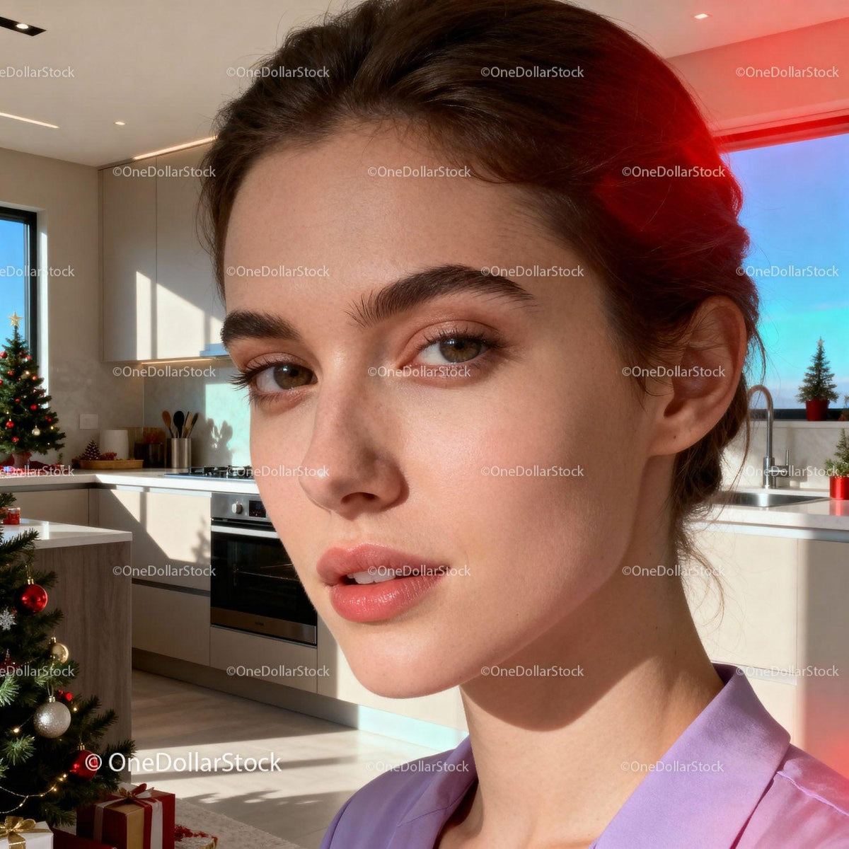Young woman with calm expression in cozy modern kitchen