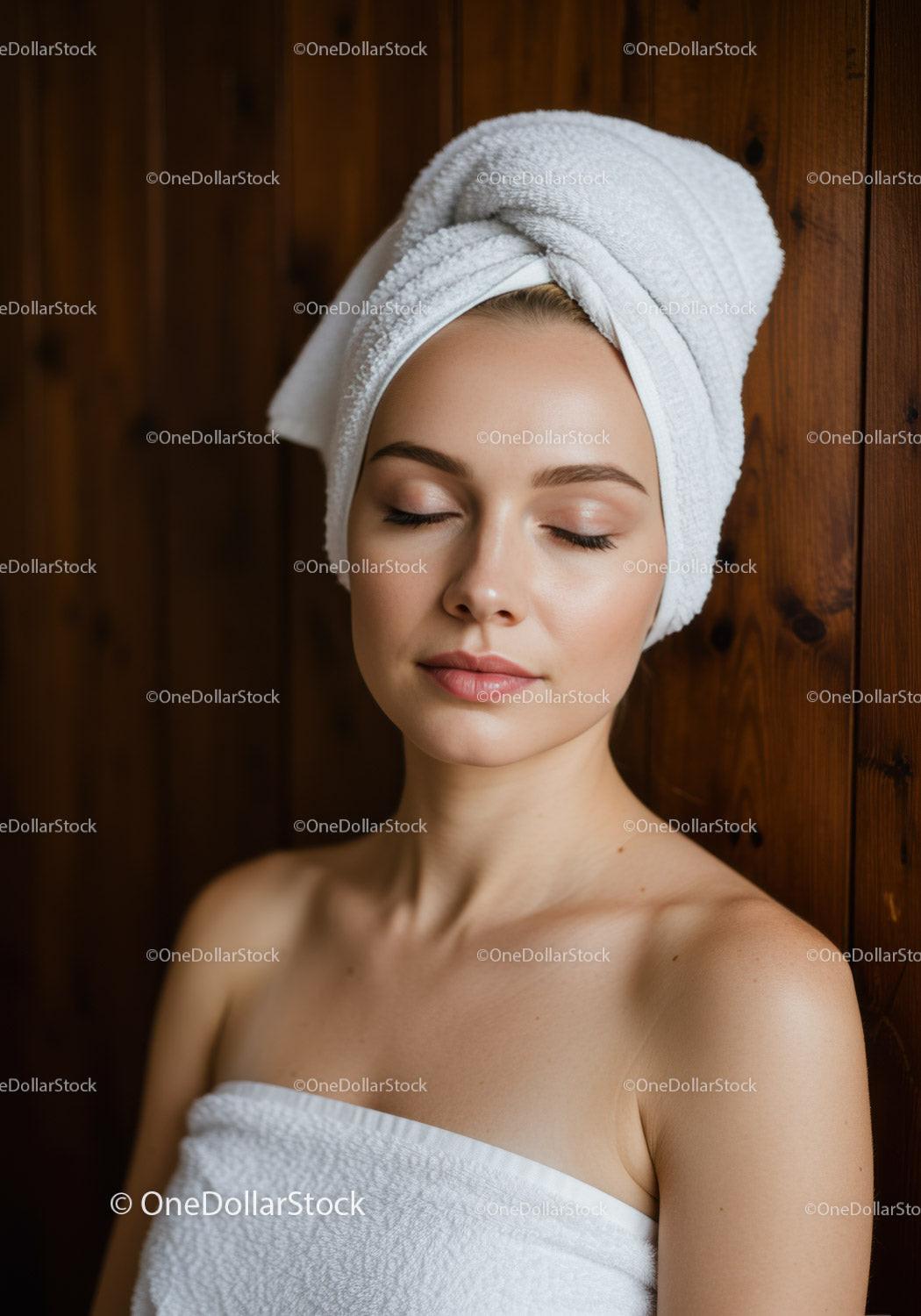 Young Woman Relaxing with Towel Wrap and Skincare Ritual in Spa