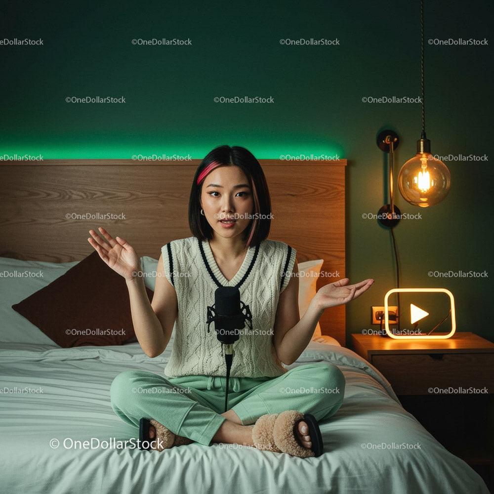 Young Woman Podcasting in a Cozy Modern Bedroom Setting Stock Photo Bundle preview 9
