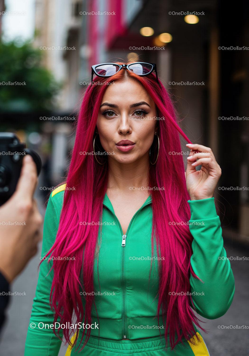 Vibrant Red Hair Woman in Green Tracksuit with Sunglasses in City Stock Photo Bundle preview 11